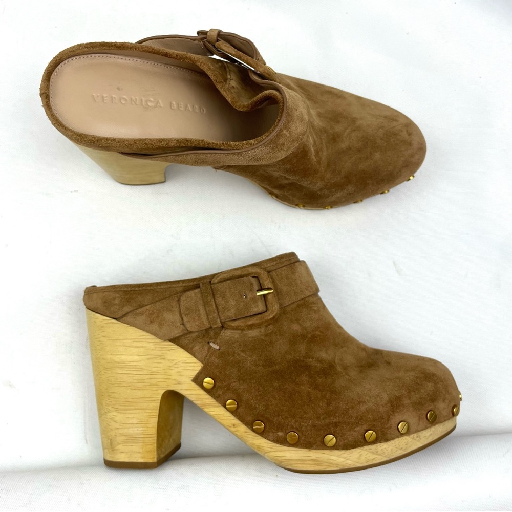 Veronica Beard Tan Suede Studded Wood-Heel Clogs